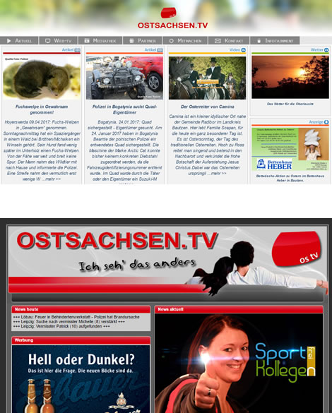 Ostsachsen.TV Ein großes Webprojekt mit zahlreichen Unterseiten. Das Design folgt der Funktion. Im Fokus stehen Livestreaming von Videoinhalten ebenso wie die Bereitstellung von Videos zum Abruf. Das Projekt ist zwischenzeitlich vom Netz genommen und durch ein Wordpress-CMS ersetzt worden.